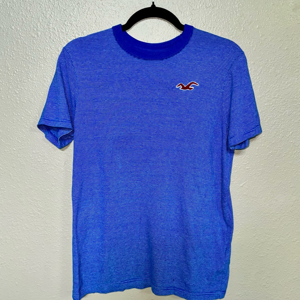 Hollister Men’s Medium Blue White Striped T Shirt Embroidered Logo